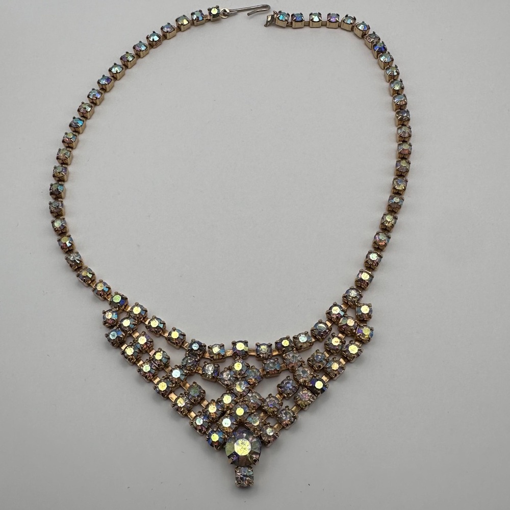 Vintage 1960's gold tone costume cascading necklace Aurora Borealis rhinestones - Picture 5 of 6